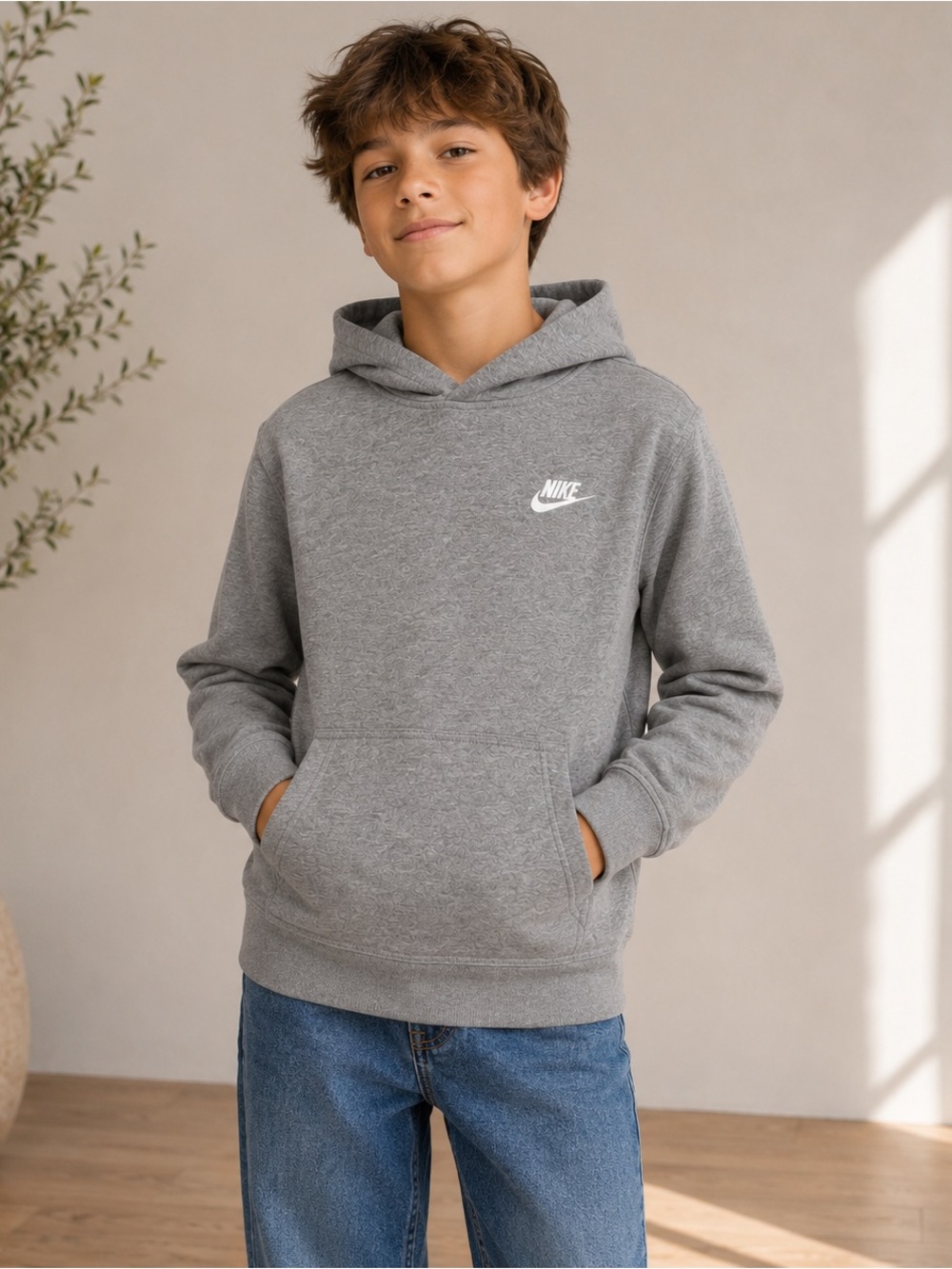 Nike Youth Hoodie Grey XL Unisex Pullover Sweatshirt Logo Cotton Blend